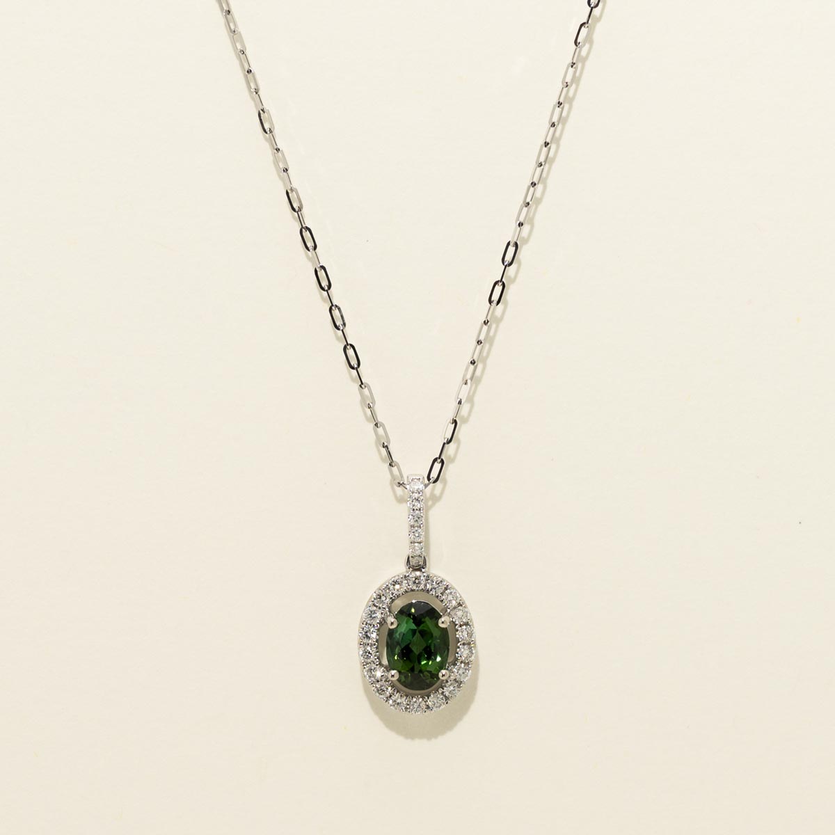 Maine Green Tourmaline Oval Halo Necklace in 14kt White Gold with Diamonds (1/5ct tw)