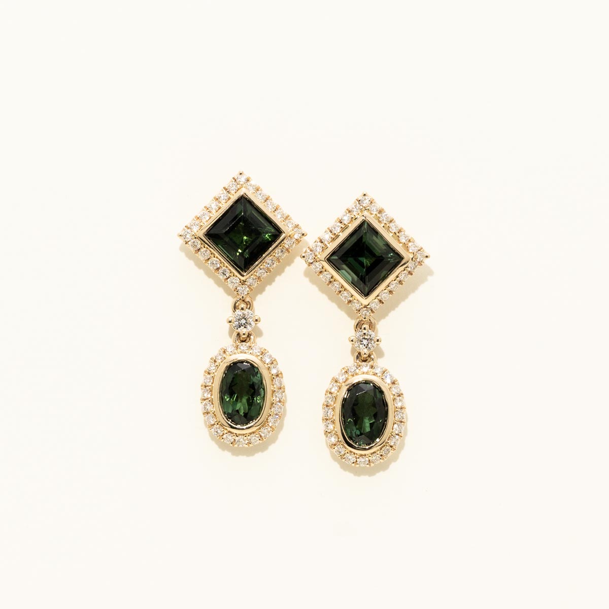 Maine Green Tourmaline Earrings with Diamonds in 14kt Yellow Gold