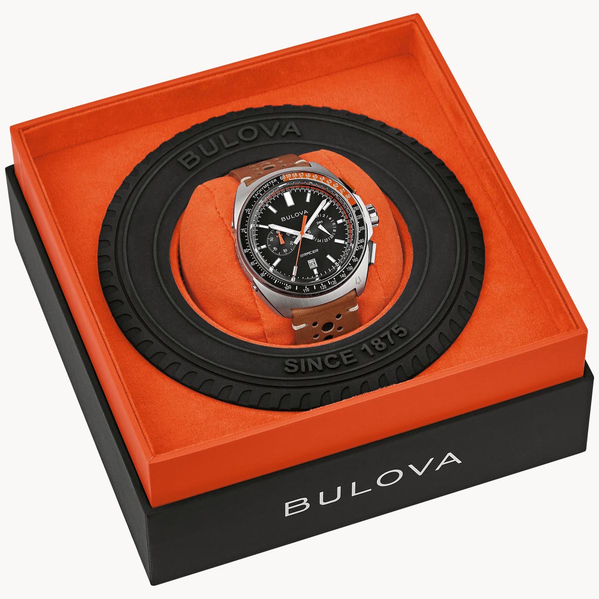 Bulova Racer Chronograph Mens Watch with Black Dial and Brown Leather Strap (quartz movement)