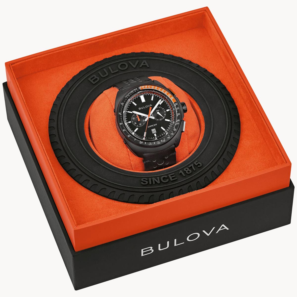 Bulova Racer Chronograph Mens Watch with Black Dial and Black Leather Strap (quartz movement)