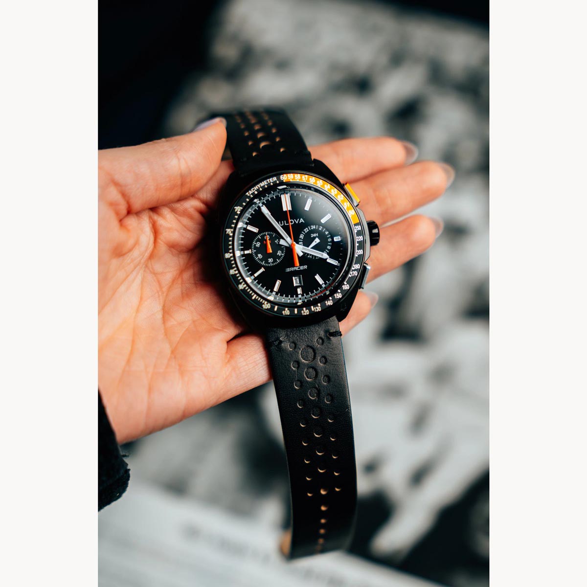 Bulova Racer Chronograph Mens Watch with Black Dial and Black Leather Strap (quartz movement)