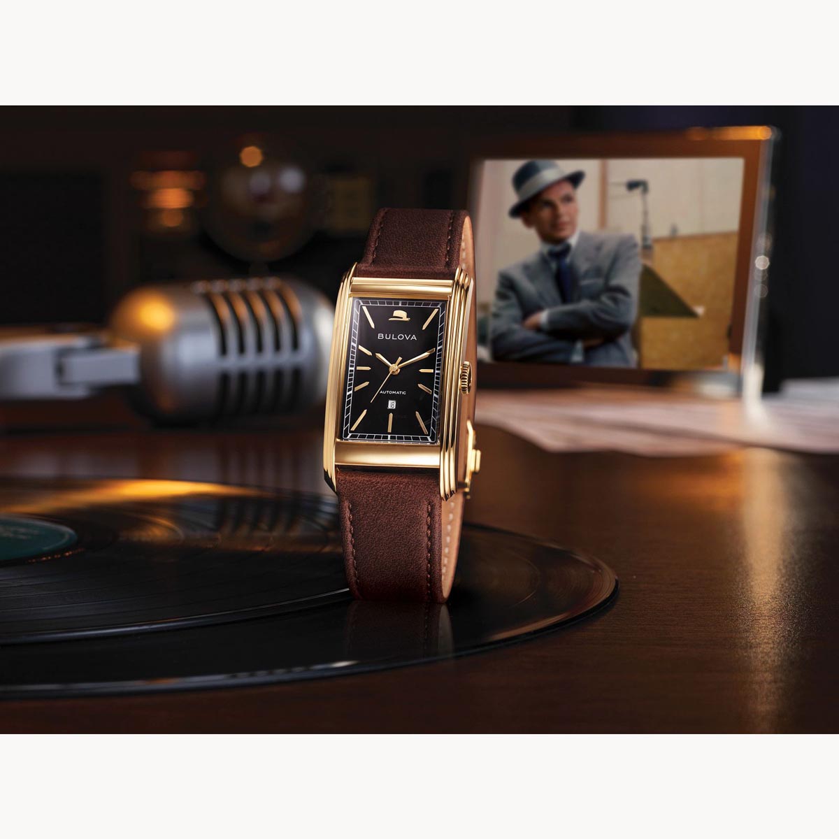 Bulova Limited Edition Frank Sinatra Chairman of the Board Watch with 18kt Gold Plated Stainless Steel Case and Brown Leather Strap (self-winding mechanical movement)