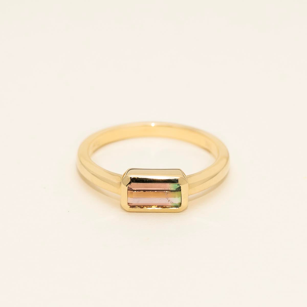 Parlé Emerald Cut Bicolor Tourmaline Bezel Ring in 14kt Yellow Gold