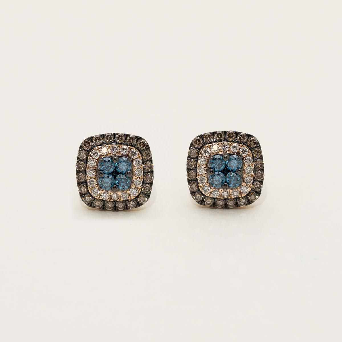 Blue and Champagne Diamond Double Halo Stud Earrings in 14kt Rose Gold (1ct tw)