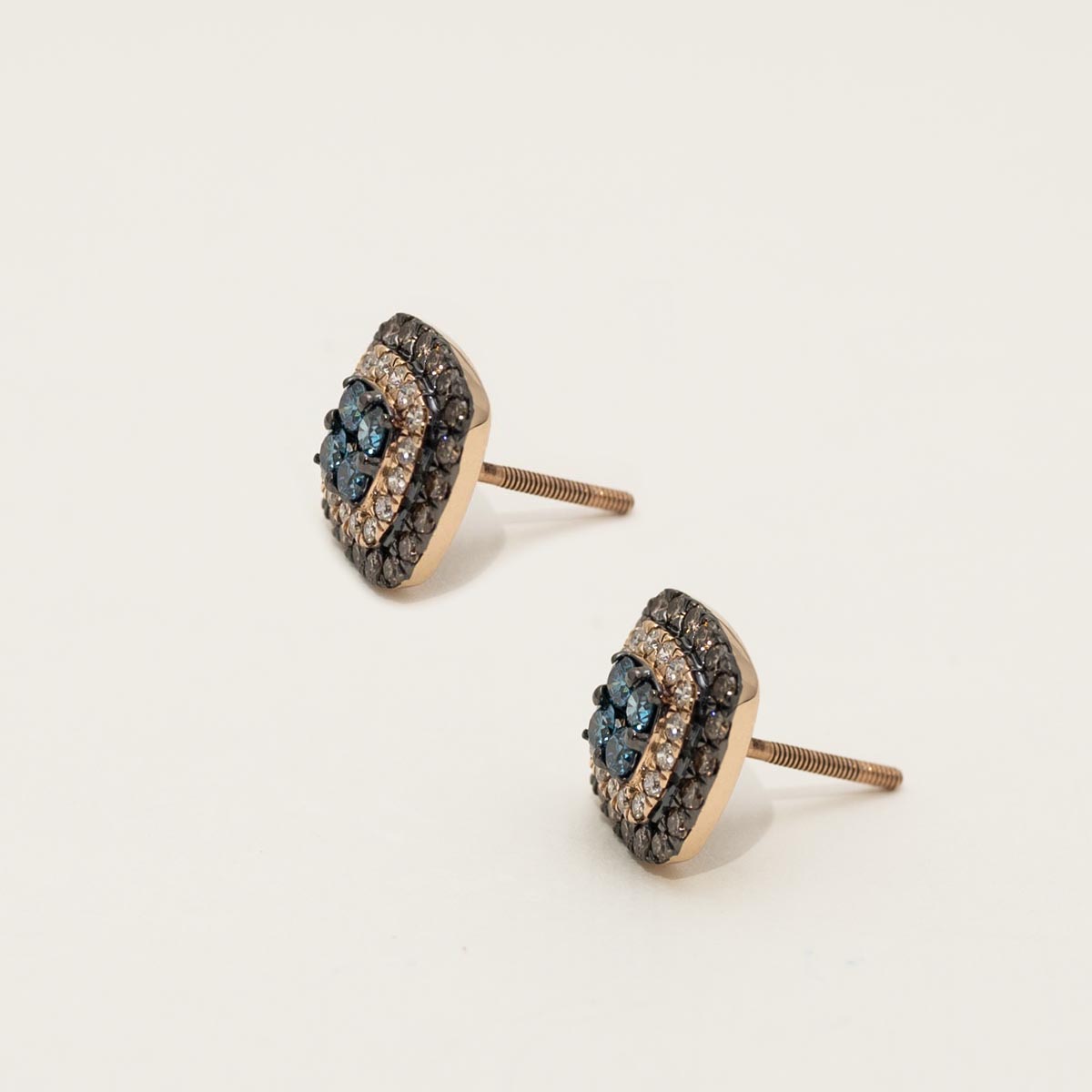 Blue and Champagne Diamond Double Halo Stud Earrings in 14kt Rose Gold (1ct tw)