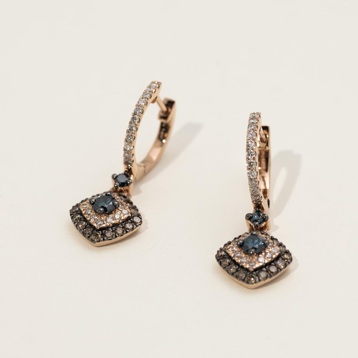 Blue and Champagne Diamond Double Halo Earrings in 14kt Rose Gold (1 1/4ct tw)