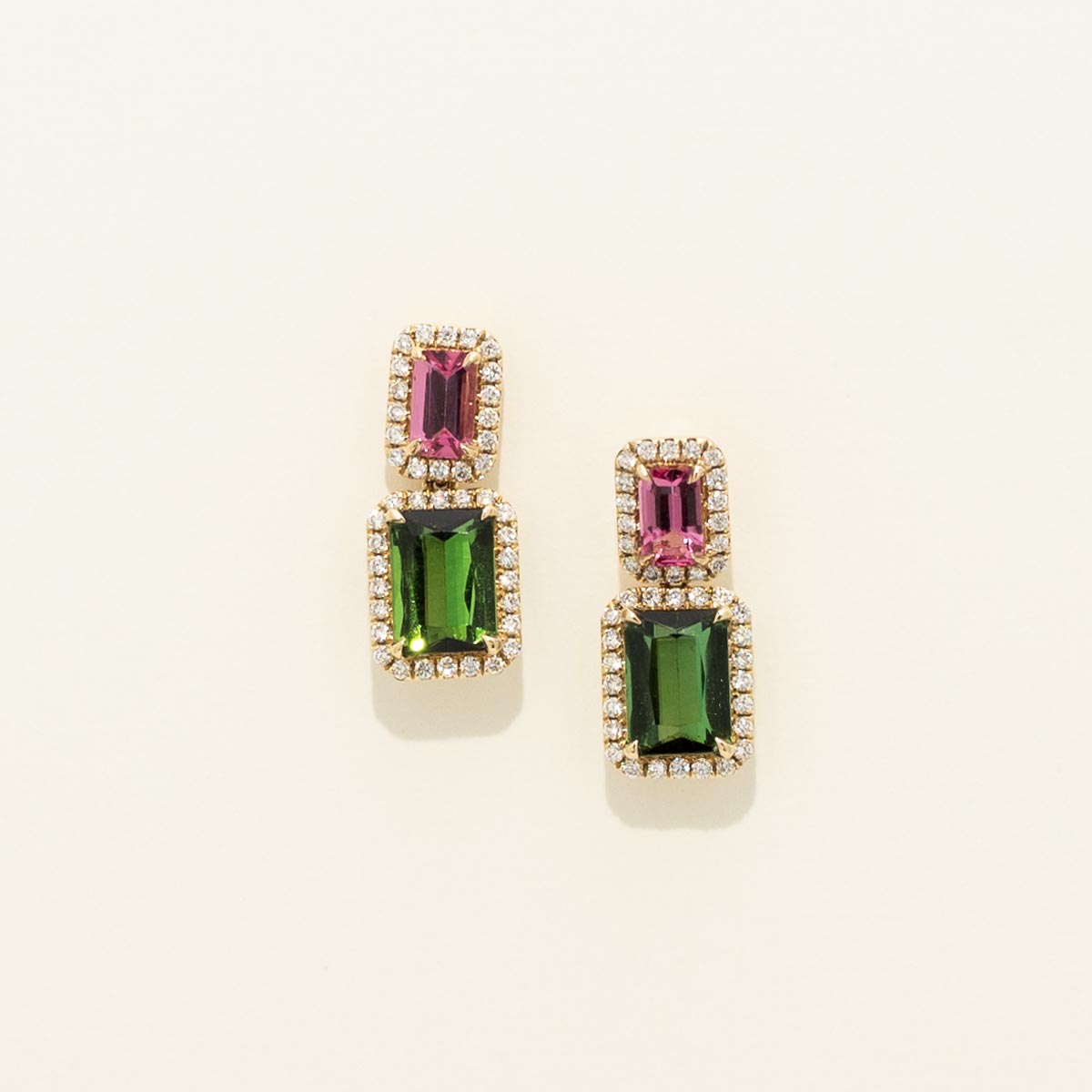 Emerald Cut Pink and Green Tourmaline Drop Earrings in 14kt Yellow Gold with Diamonds (1/3ct tw)