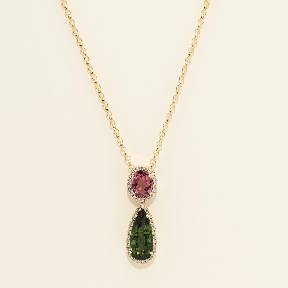 Pear Shape Green and Oval Pink Tourmaline Necklace in 14kt Yellow Gold with Diamonds (1/4ct tw)