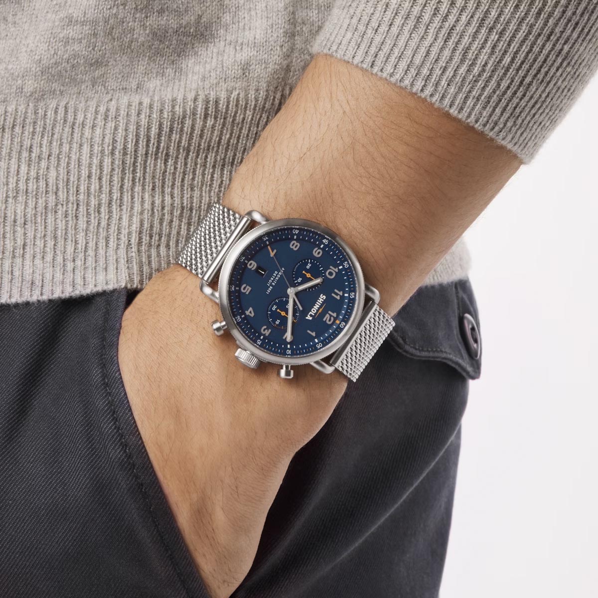 Shinola Canfield Mens Chronograph Watch with Blue Dial and Stainless Steel Mesh Bracelet (quartz movement)