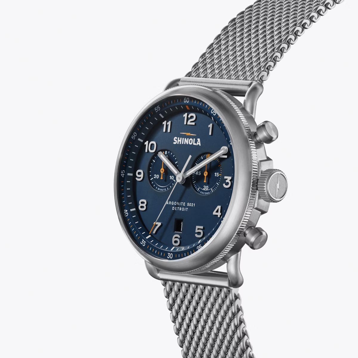 Shinola Canfield Mens Chronograph Watch with Blue Dial and Stainless Steel Mesh Bracelet (quartz movement)