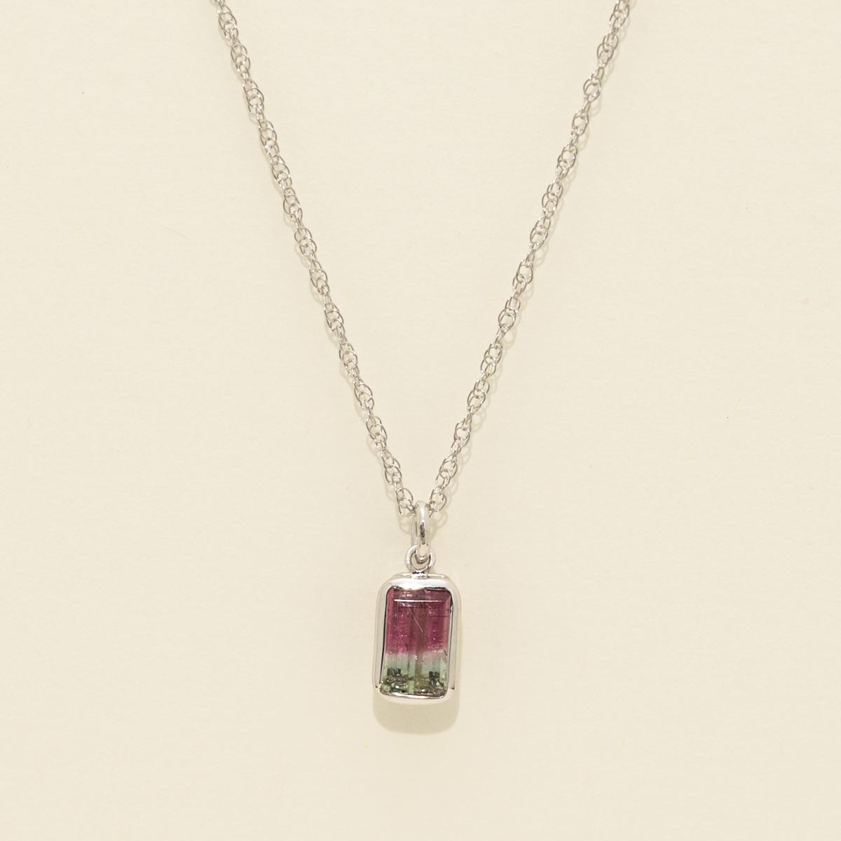 Watermelon Tourmaline Bezel Necklace in 14kt White Gold