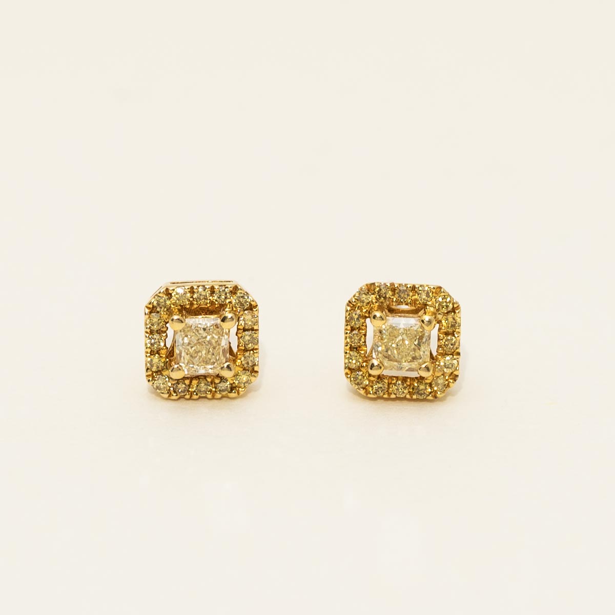 Yellow Diamond Halo Stud Earrings in 18kt Yellow and White Gold (1ct tw)