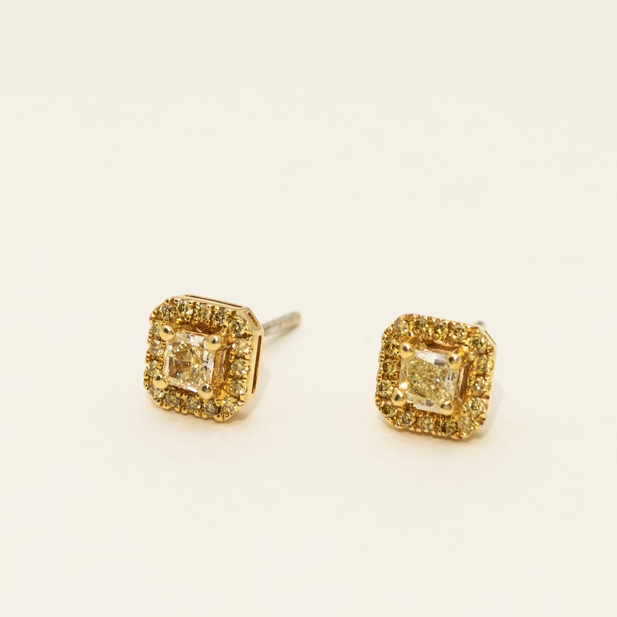 Yellow Diamond Halo Stud Earrings in 18kt Yellow and White Gold (1ct tw)