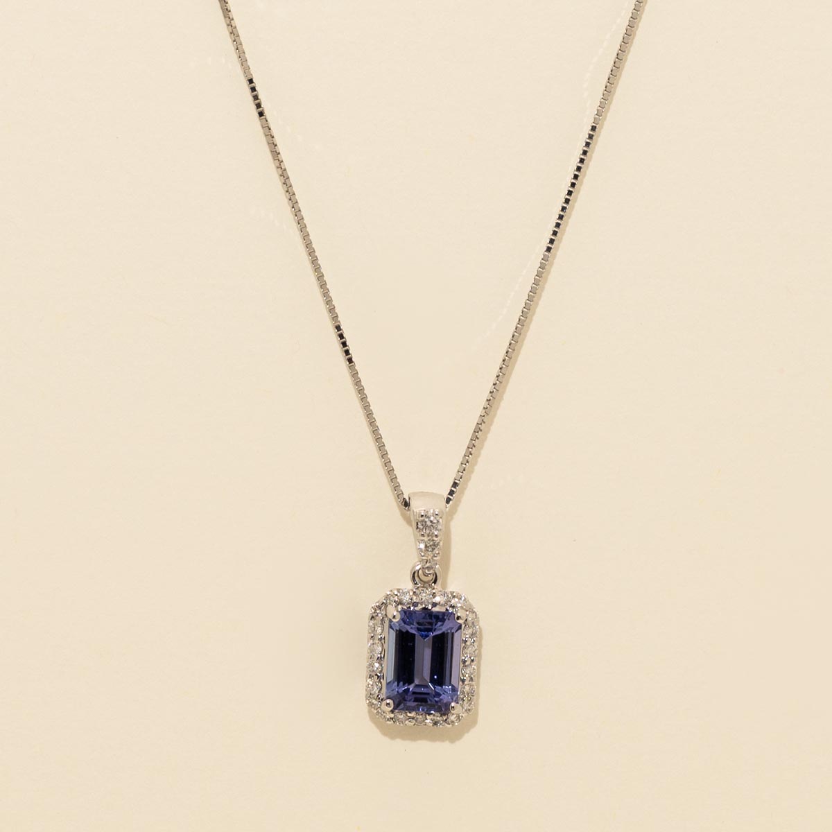 Emerald Cut Tanzanite Necklace in 14kt White Gold with Diamonds (1/7ct tw)