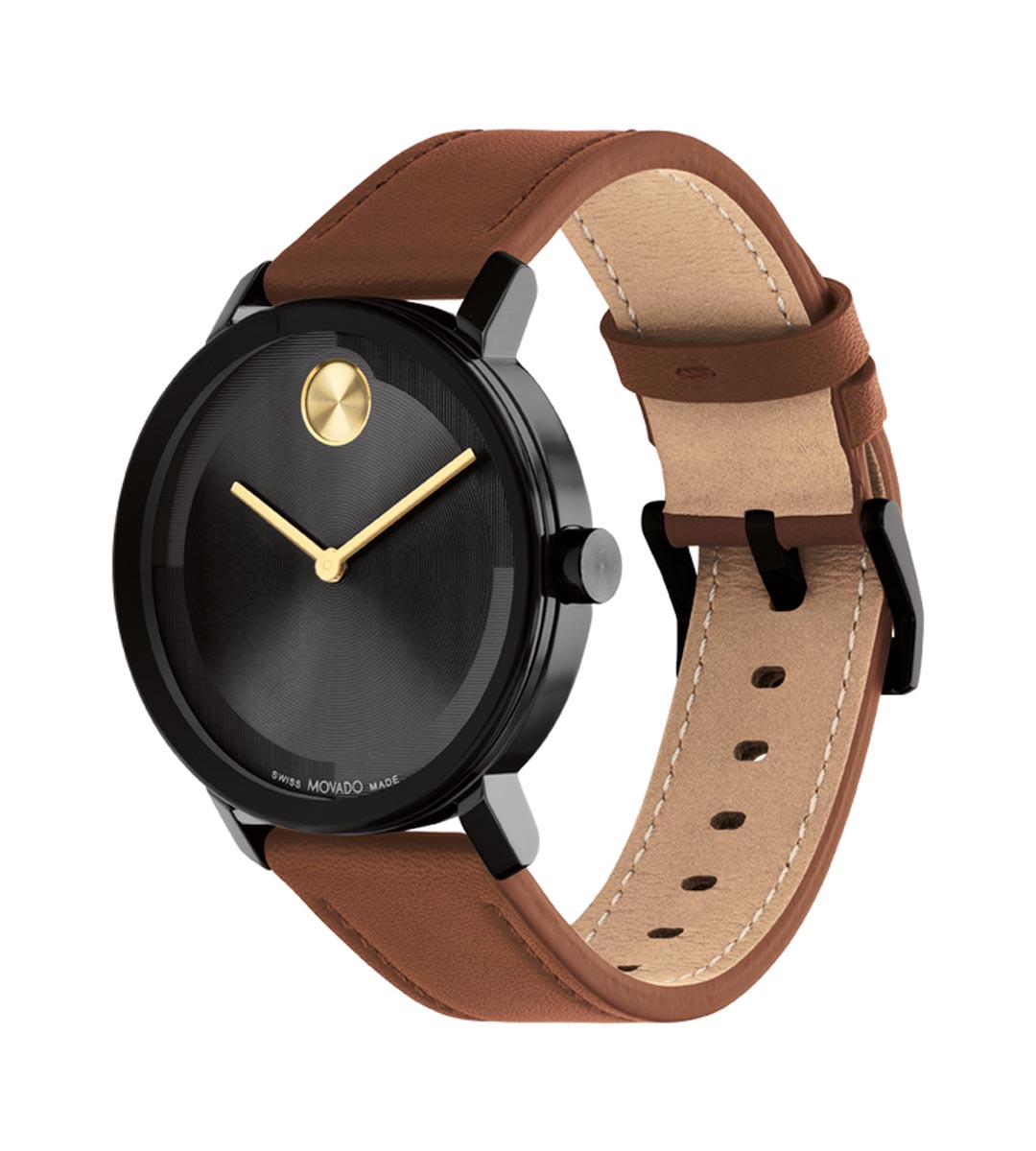 Movado Bold 2.0 Mens Watch with Black Dial and Brown Leather Strap (Swiss quartz movement)