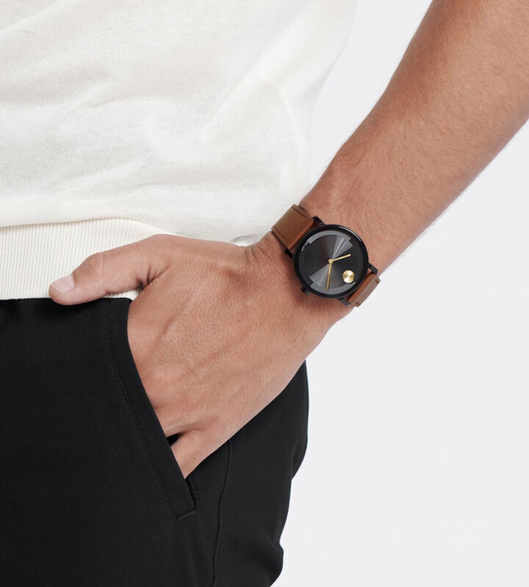 Movado Bold 2.0 Mens Watch with Black Dial and Brown Leather Strap (Swiss quartz movement)