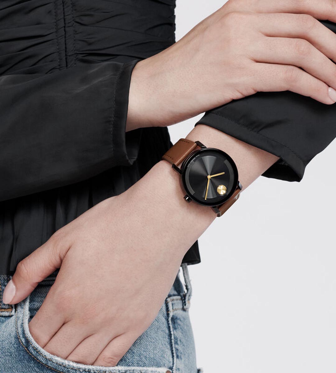 Movado Bold 2.0 Mens Watch with Black Dial and Brown Leather Strap (Swiss quartz movement)