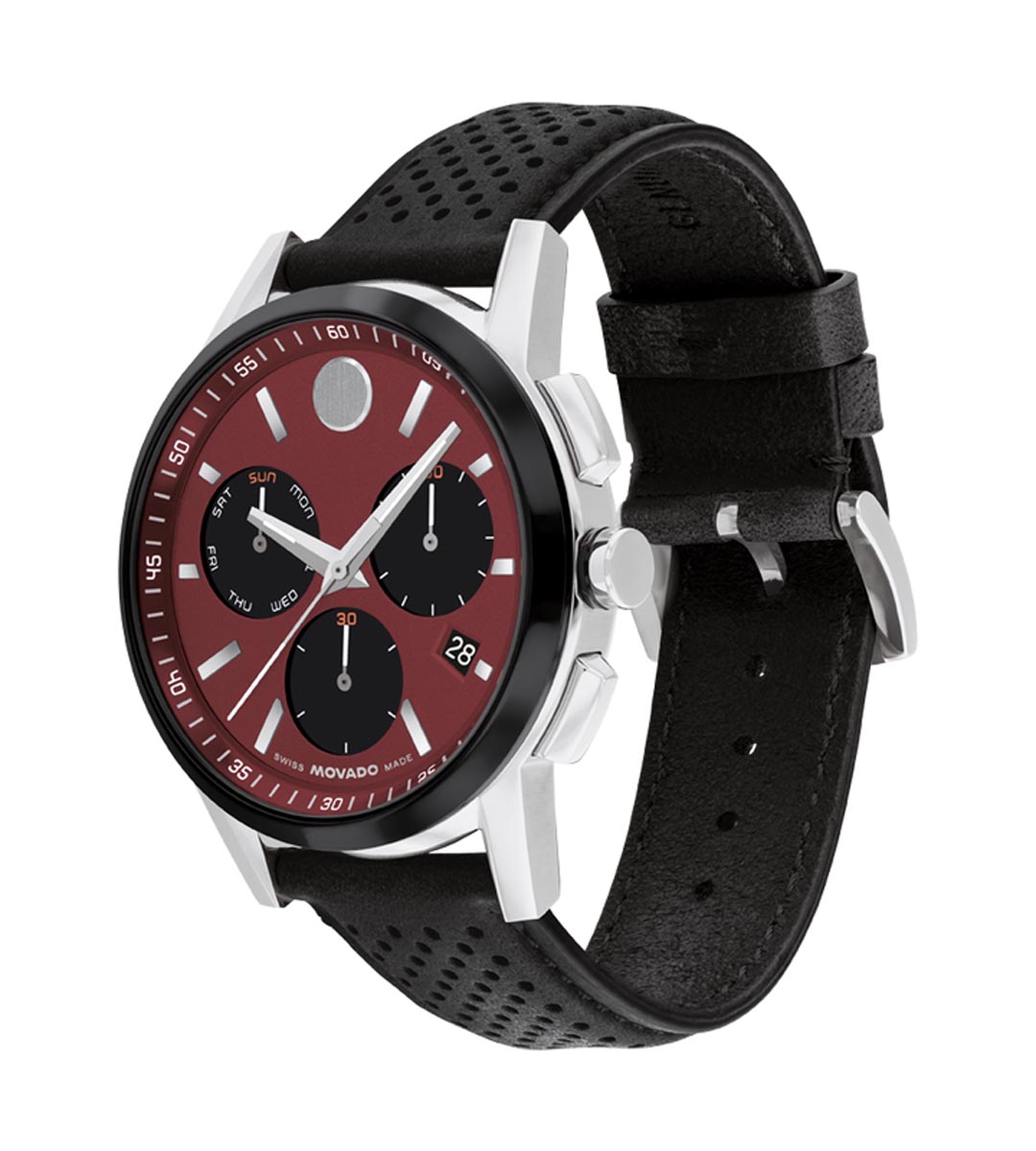 Movado Museum Sport Mens Watch with Burgundy Dial and Black Perforated Leather Strap (Swiss quartz movement)