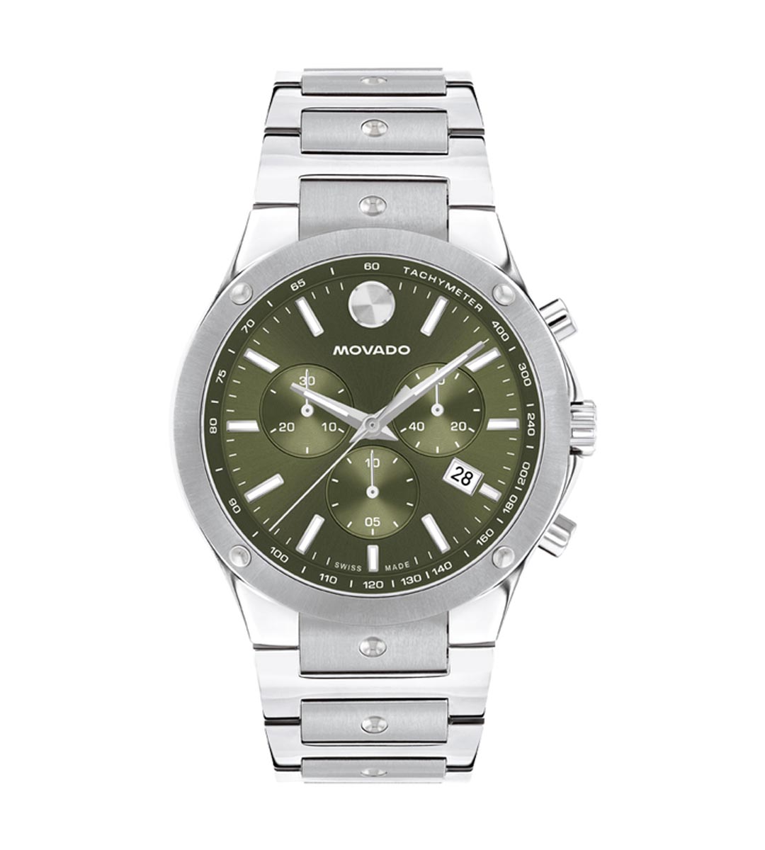 Movado SE Chronograph Mens Watch with Green Dial and Stainless Steel Bracelet (Swiss quartz movement)
