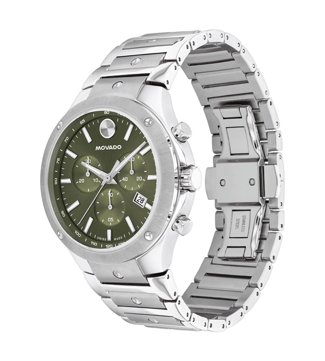 Movado SE Chronograph Mens Watch with Green Dial and Stainless Steel Bracelet (Swiss quartz movement)