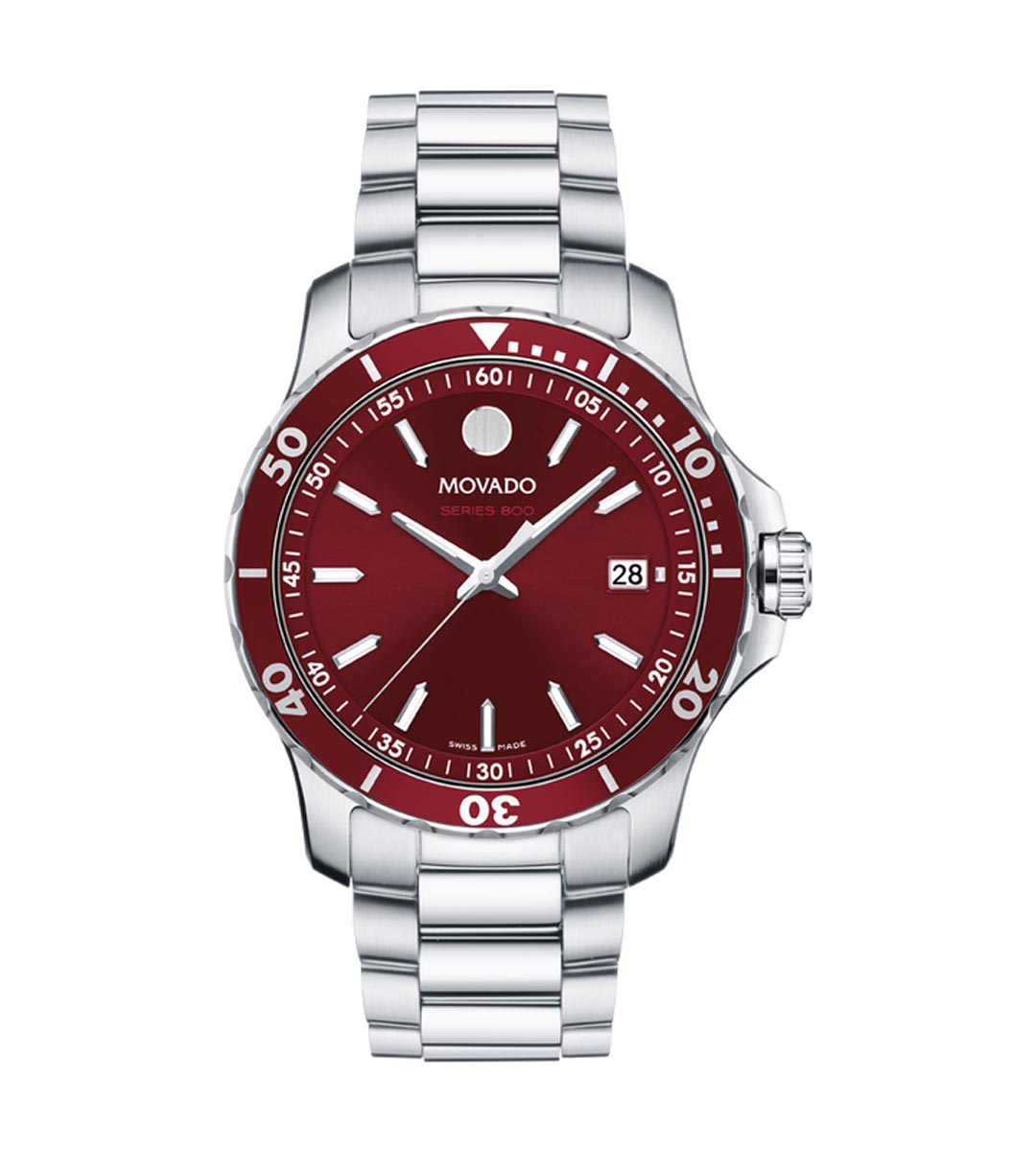 Movado Series 800 Mens Watch with Red Dial and Stainless Steel Bracelet (Swiss quartz movement)