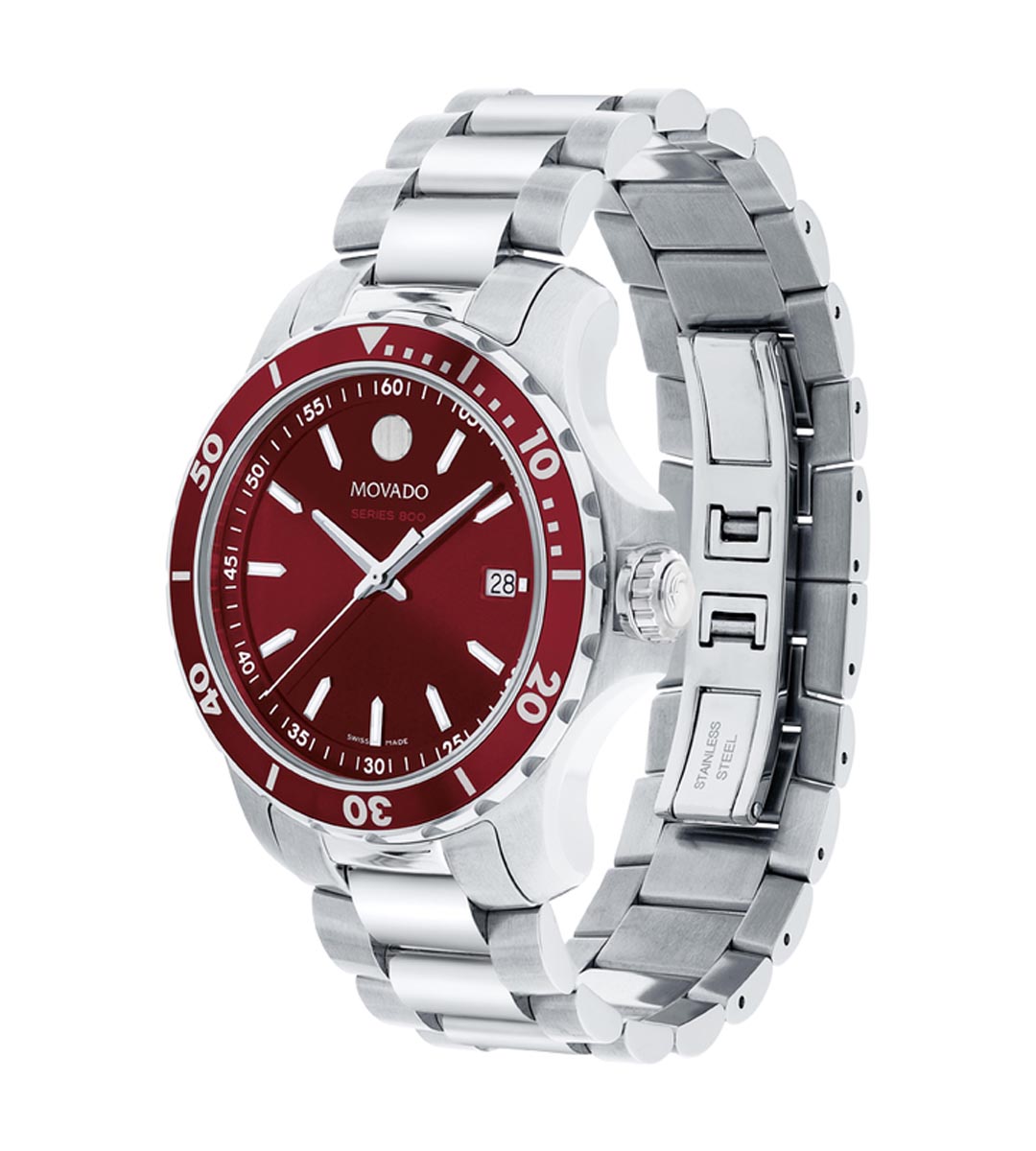 Movado Series 800 Mens Watch with Red Dial and Stainless Steel Bracelet (Swiss quartz movement)