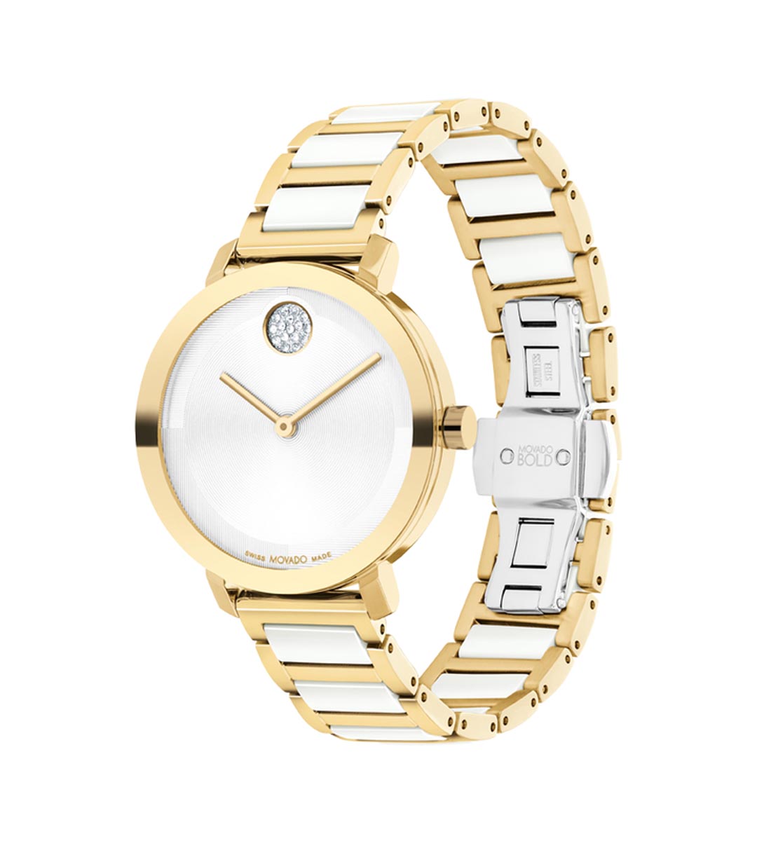 Movado Bold Evolution 2.0 Womens Watch with Gold Toned Stainless Steel and White Ceramic Bracelet (Swiss quartz movement)