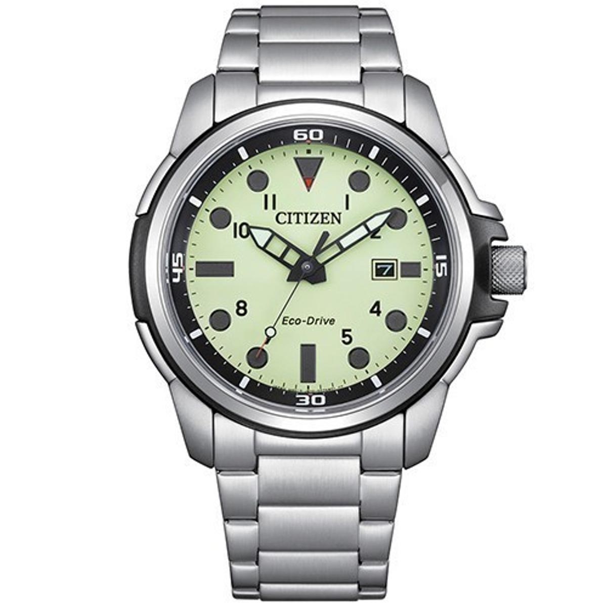 Citizens Mens Watch with Yellow Luminous Dial and Stainless Steel Bracelet (eco drive movement)