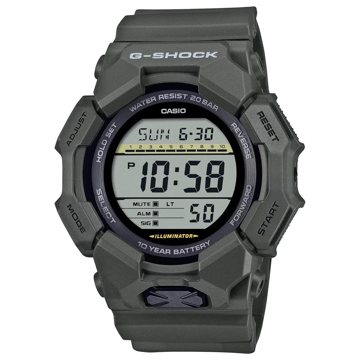 G-Shock Rugged Digital Mens Watch with Olive Resin Strap (quartz movement with 10 year battery life)