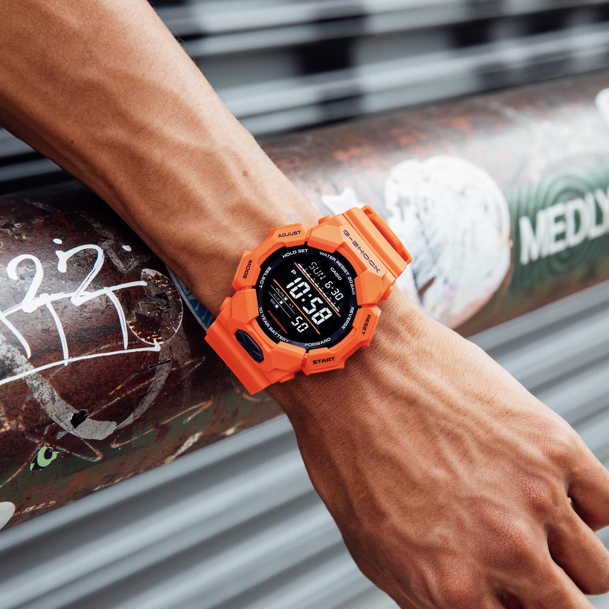 G-Shock Rugged Digital Mens Watch with Orange Resin Strap (quartz movement with 10 year battery life)