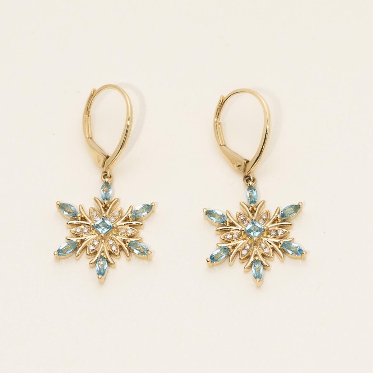 Swiss Blue Topaz Snowflake Drop Earrings in 14kt Yellow Gold with Diamonds (1/10ct tw)