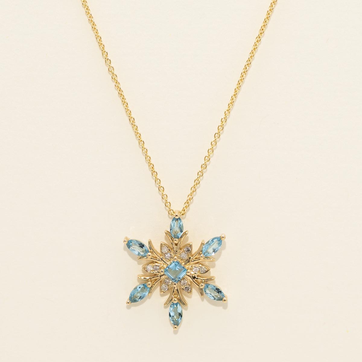 Madison L Swiss Blue Topaz Snowflake Necklace in 14kt Yellow Gold with Diamonds (1/20ct tw)