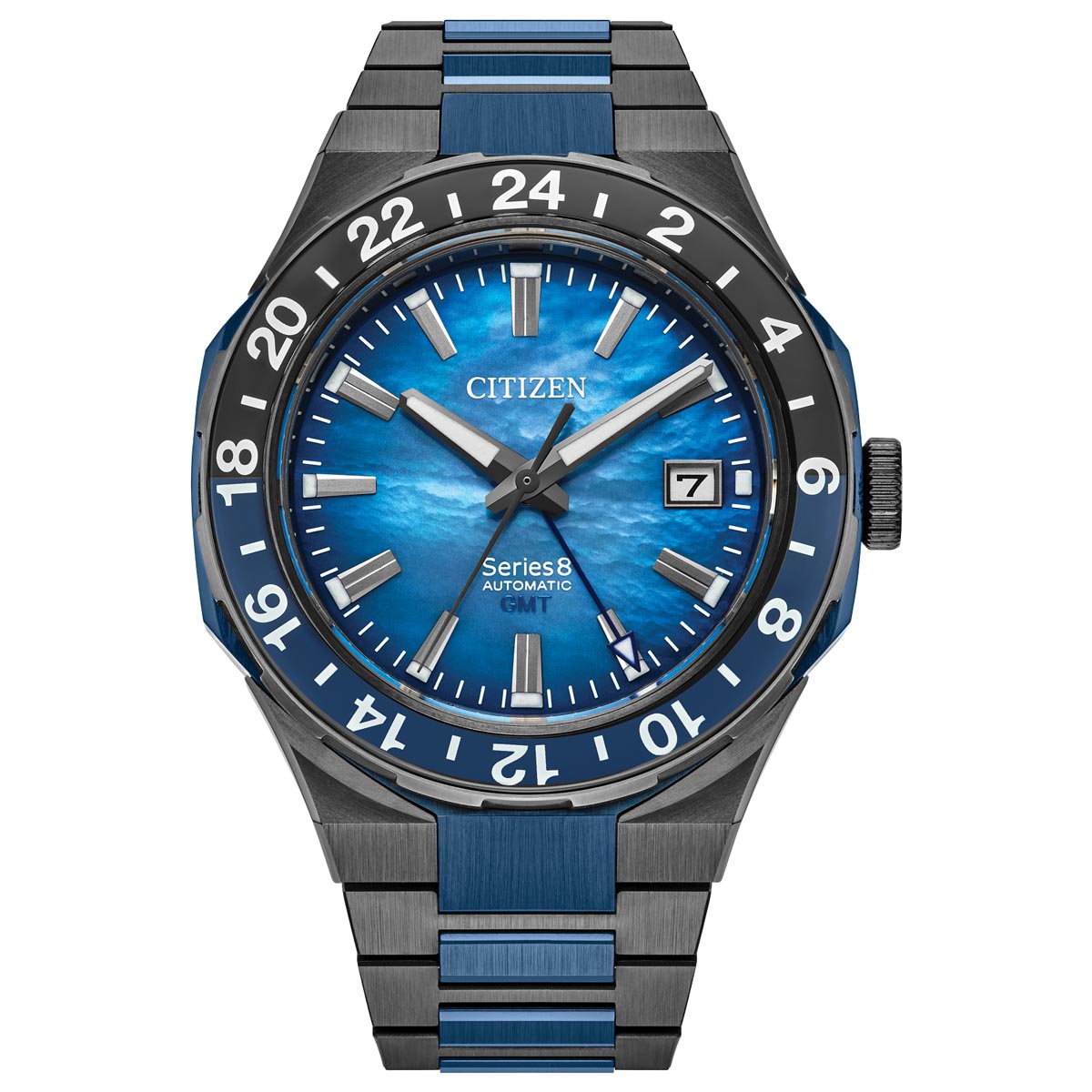 Citizen Series8 880 GMT Mens Watch with Blue Dial and Two Toned Stainless Steel Bracelet (automatic movement)