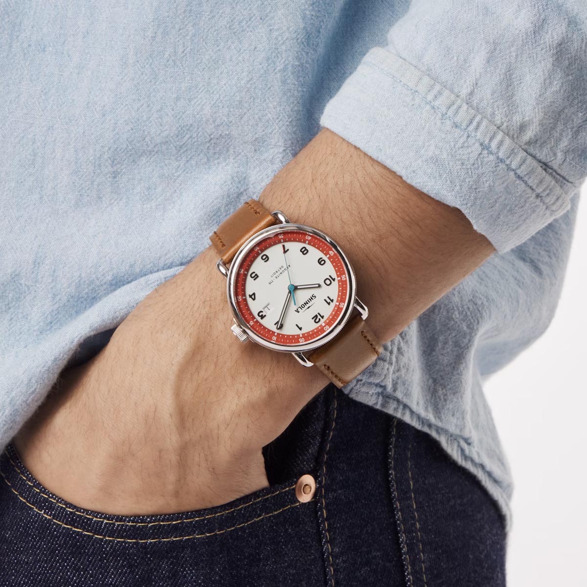 Shinola Canfield Model C56 Mens Watch with Gray and Red Dial and Brown Leather Strap (quartz movement)