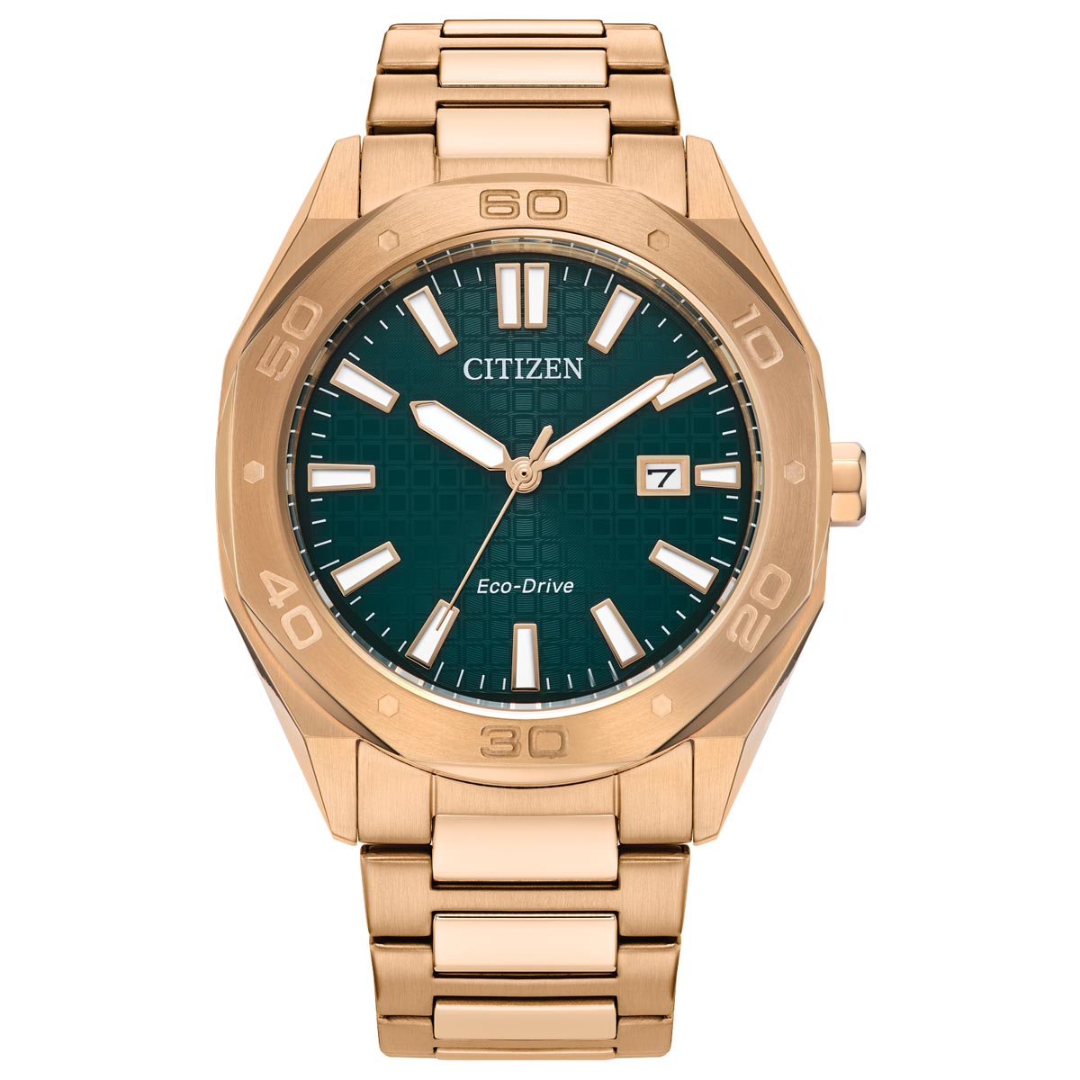 Citizen Weekender Mens Watch with Green Dial and Rose Gold Toned Stainless Steel Bracelet (eco-drive movement)