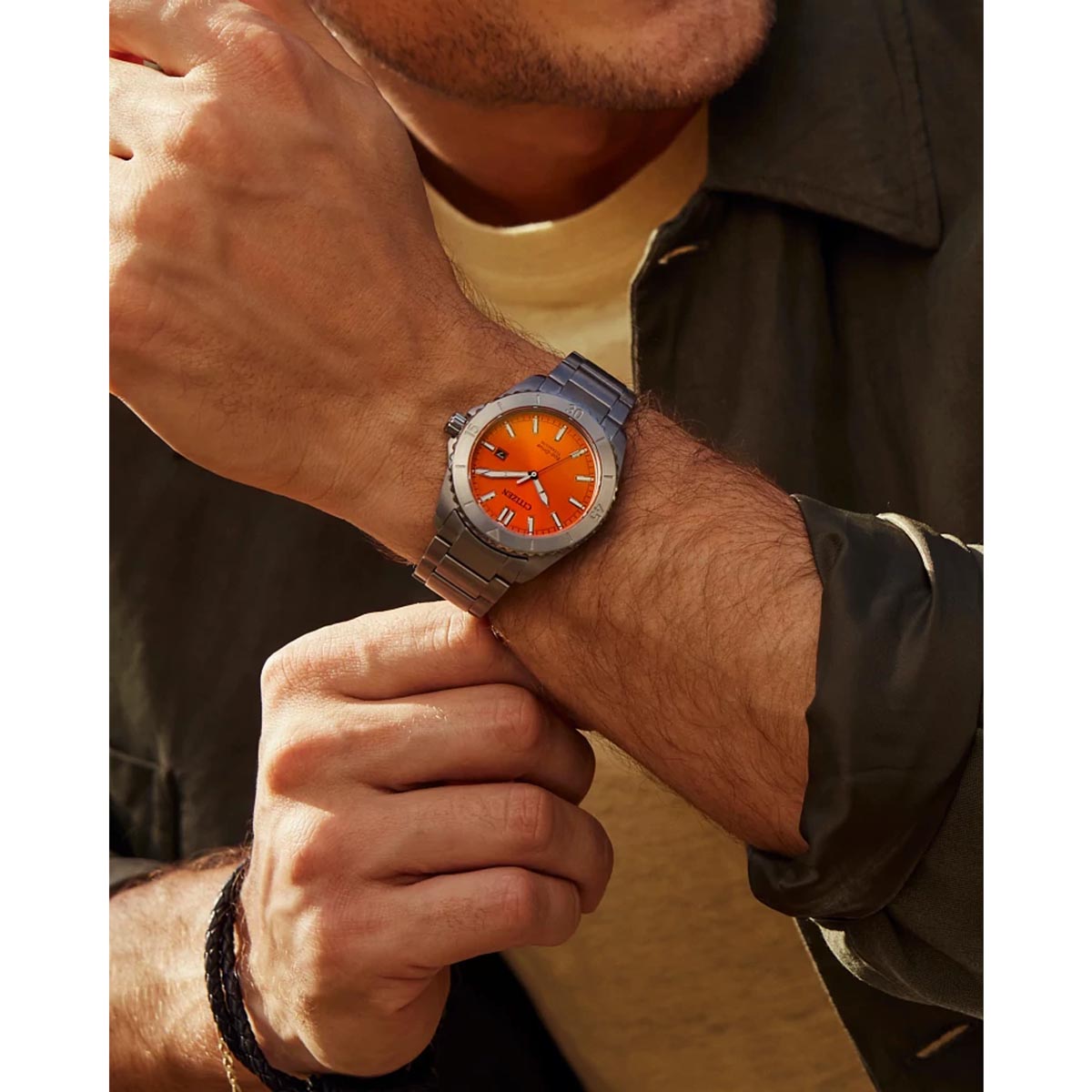 Citizen Brycen Watch with Orange Dial and Super Titanium Bracelet