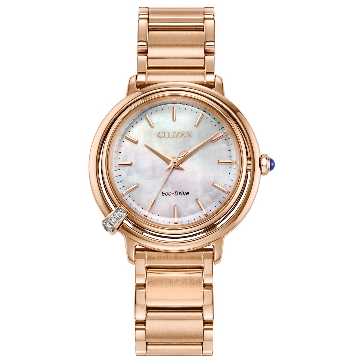 Citizen L Arcly Womens Watch with Mother of Pearl Dial and Rose Gold Toned Stainless Steel Bracelet and White Interchangeable Leather Strap (eco-drive movement)