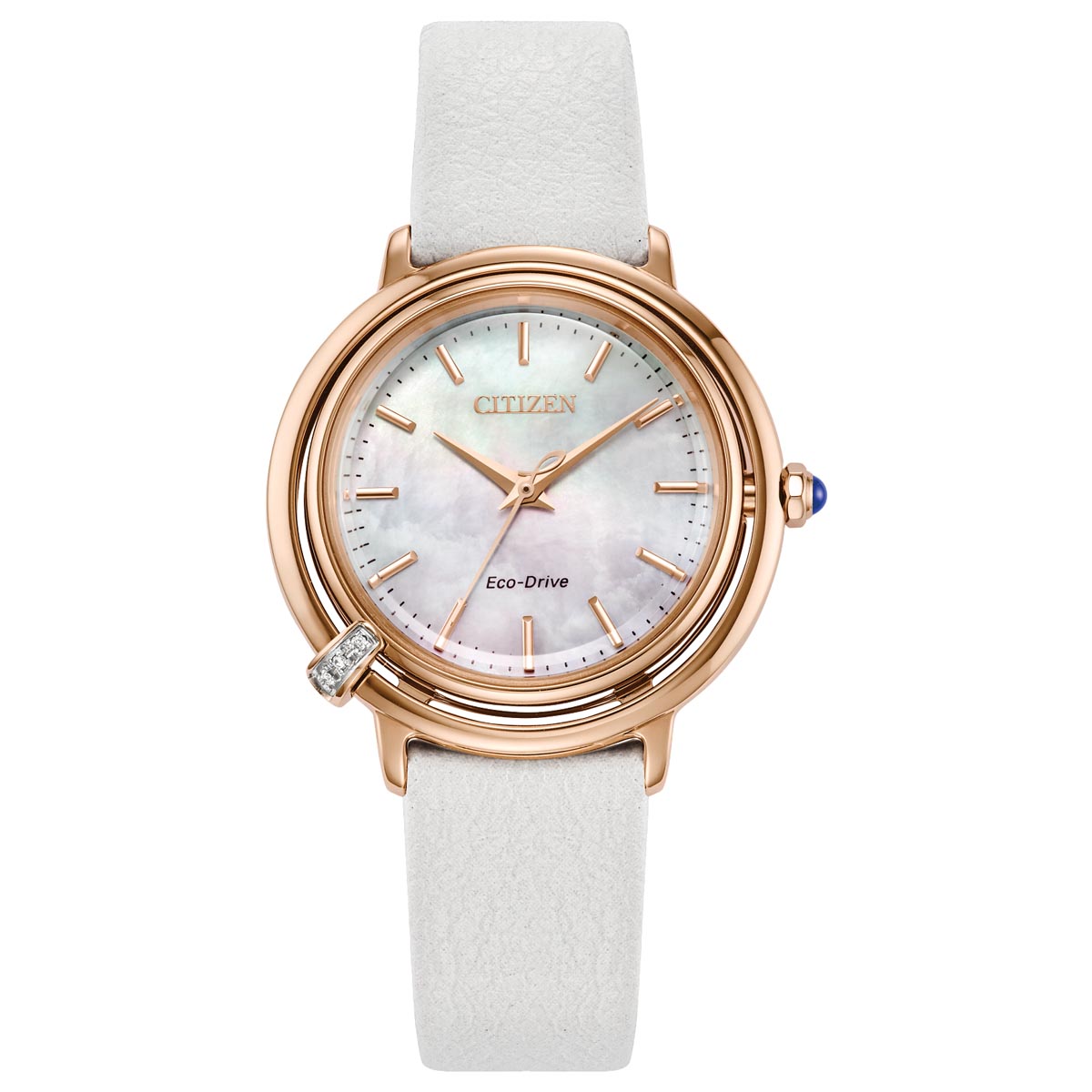 Citizen L Arcly Womens Watch with Mother of Pearl Dial and Rose Gold Toned Stainless Steel Bracelet and White Interchangeable Leather Strap (eco-drive movement)