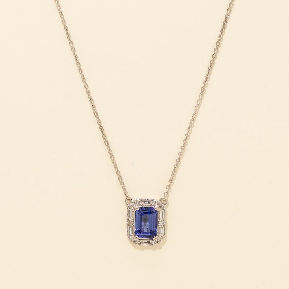 Tanzanite Necklace in 14kt White Gold with Baguette and Round Diamonds (1/5ct tw)