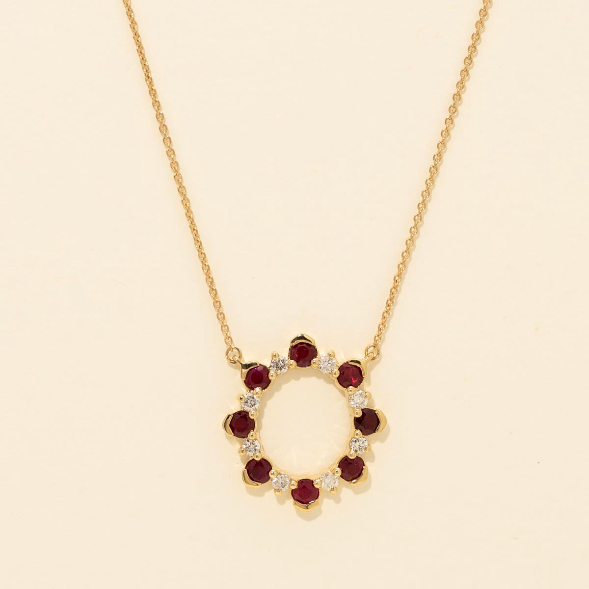 Ruby Circle Necklace in 14kt Yellow Gold with Diamonds (1/3c tw)