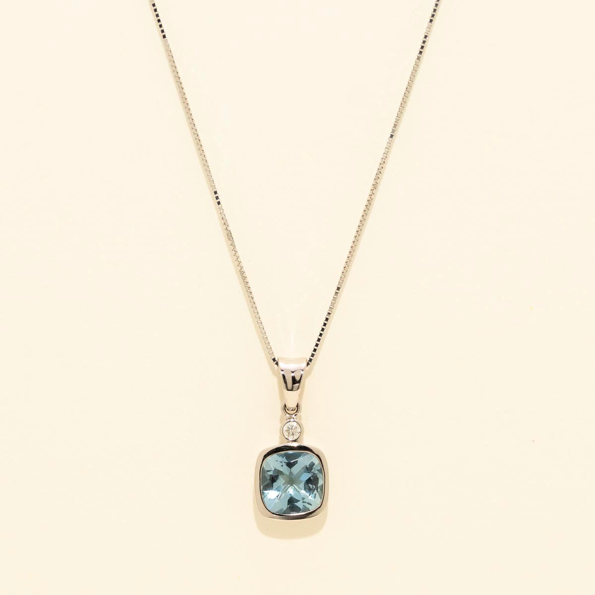 Cushion Aquamarine Necklace in 14kt White Gold with Diamond (.03)