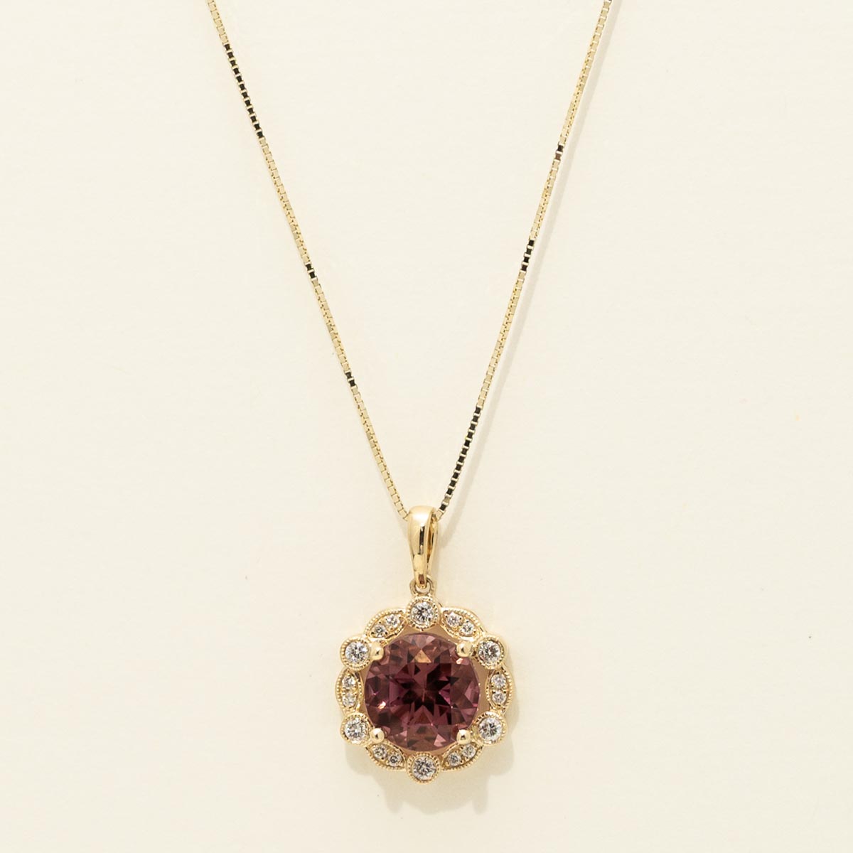 Maine Pink Tourmaline Halo Necklace in 14kt Yellow Gold with Diamonds (1/7ct tw)