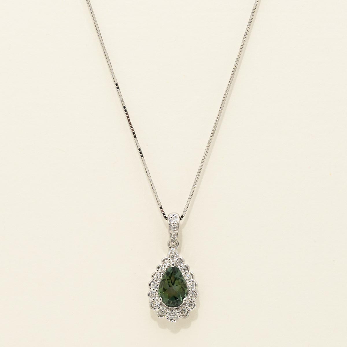 Maine Green Tourmaline Halo Necklace in 14kt White Gold with Diamonds (1/5ct tw)