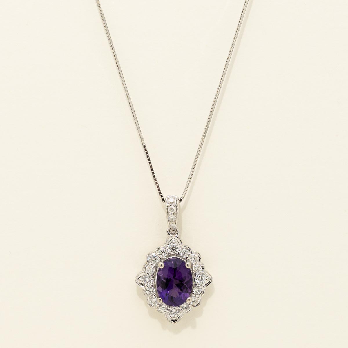Maine Amethyst Halo Necklace in 14kt White Gold with Diamonds (1/3ct tw)