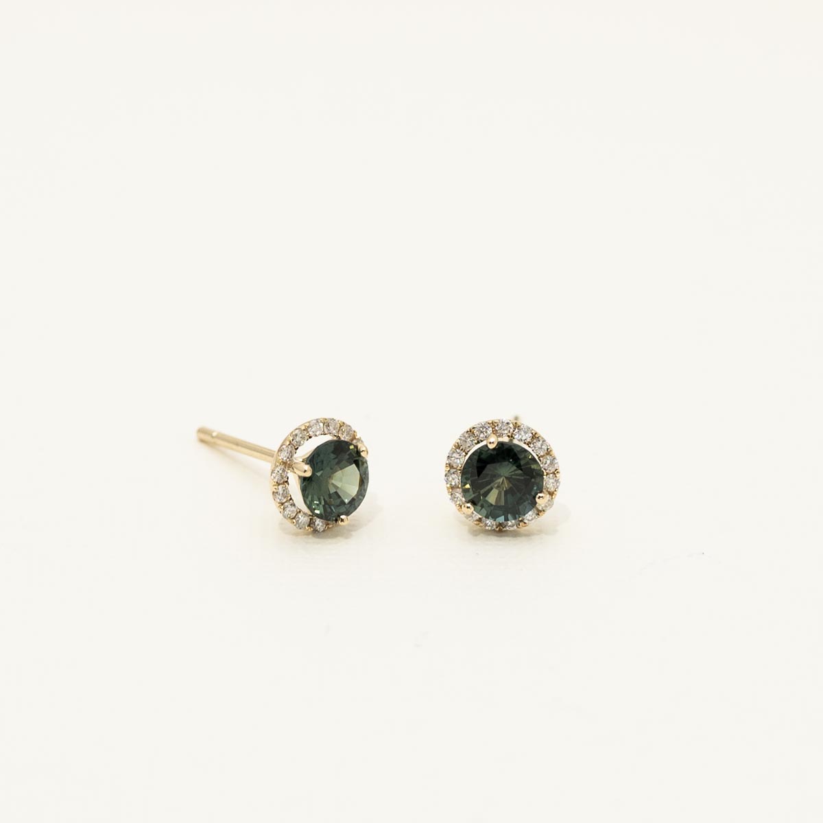 Teal Sapphire Halo Stud Earrings in 14kt Yellow Gold with Diamonds(1/7ct tw)