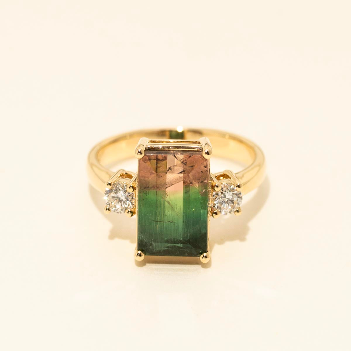 Emerald Cut Bicolor Tourmaline Ring in 14kt Yellow Gold with Diamonds (1/3ct tw)