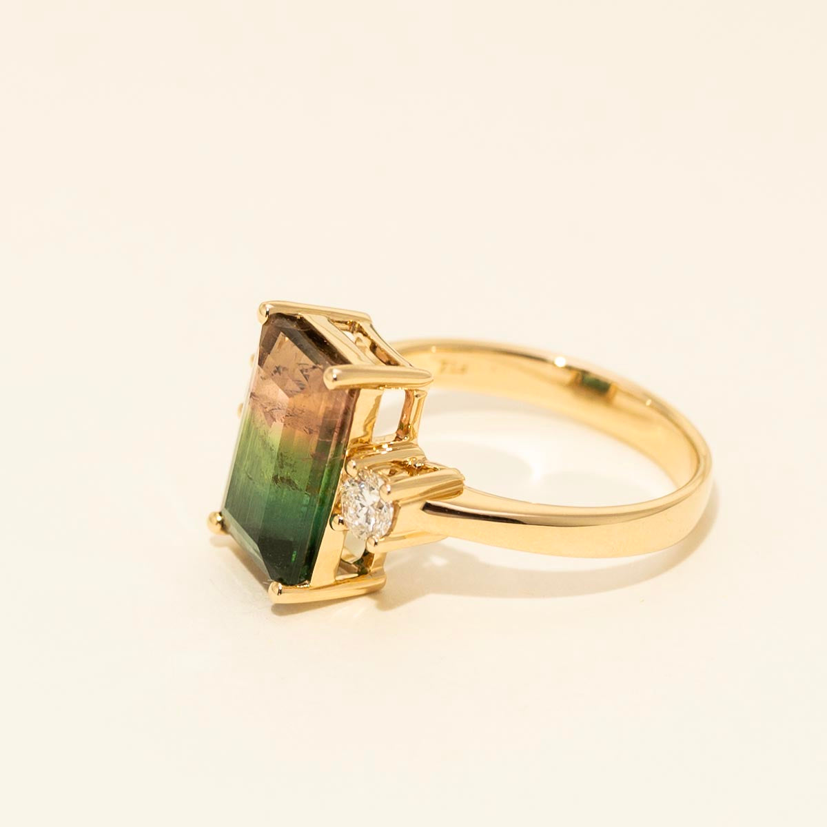 Emerald Cut Bicolor Tourmaline Ring in 14kt Yellow Gold with Diamonds (1/3ct tw)