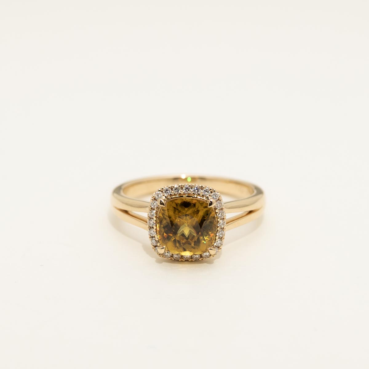 Cushion Sphene Halo Ring in 14kt Yellow Gold with Diamonds( 1/7ct tw)