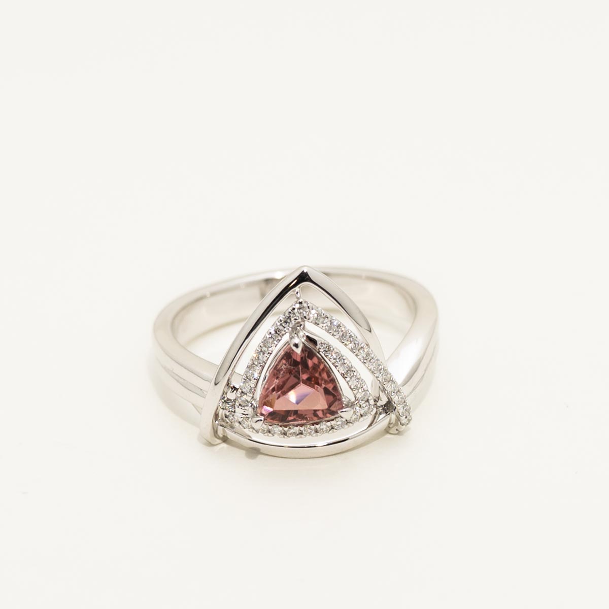 Maine Pink Tourmaline Trillion Ring in 14kt White Gold with Diamonds (1/7ct tw)