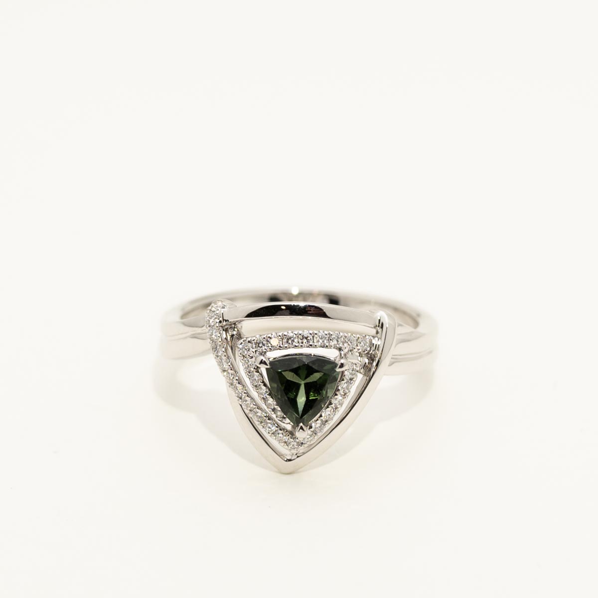 Maine Green Tourmaline Trillion Ring in 14kt White Gold with Diamonds (1/7ct tw)